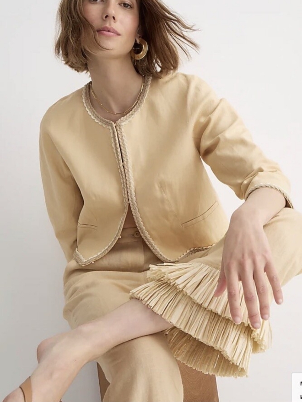 ​J.Crew Cropped Linen Lady Jacket Raffia Woven Trim Beige 10 Coastal Minimalist